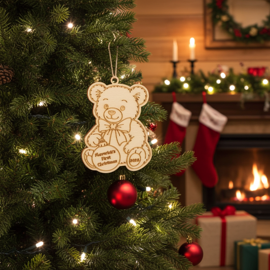 Custom Baby’s First Christmas Bear Ornament – Personalized Wood Gift