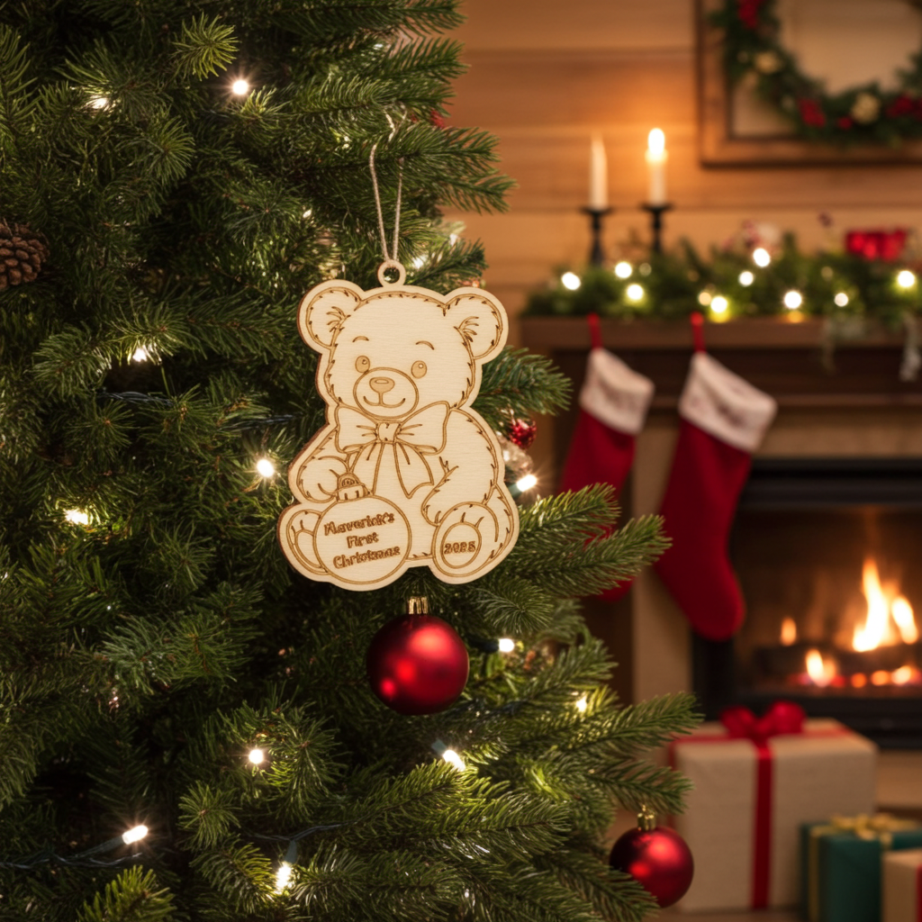 Custom Baby’s First Christmas Bear Ornament – Personalized Wood Gift