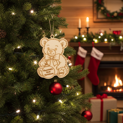 Custom Baby’s First Christmas Bear Ornament – Personalized Wood Gift