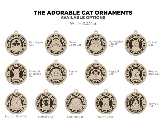 Engraved cat breed ornament featuring breed-specific details and customizable text